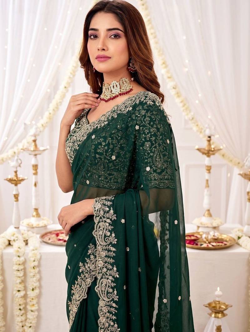 Green embellished embroidered poly georgette heavy work saree