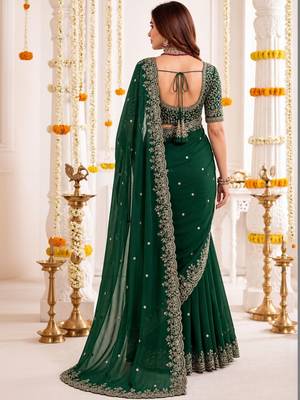 Green embellished embroidered poly georgette heavy work saree 2