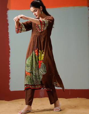 Brown printed cotton kurta trouser set 4