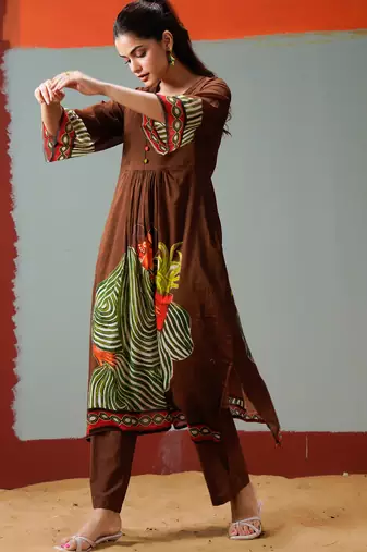 Brown printed cotton kurta trouser set