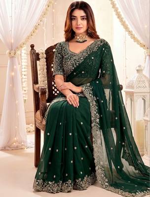 Green embellished embroidered poly georgette heavy work saree 3