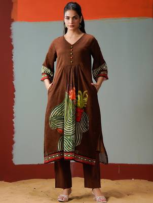 Brown printed cotton kurta trouser set 1