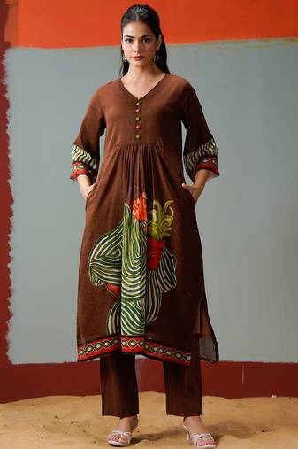 Brown printed cotton kurta trouser set