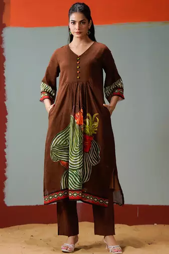 Brown printed cotton kurta trouser set