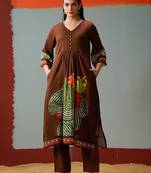 Brown printed cotton kurta trouser set