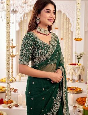 Green embellished embroidered poly georgette heavy work saree 5