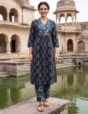 Navy blue printed cotton kurta trouser set 1