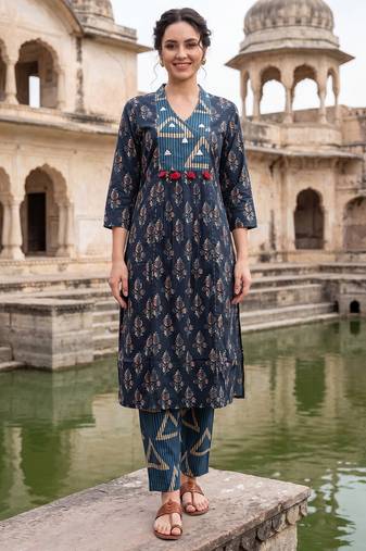 Navy blue printed cotton kurta trouser set