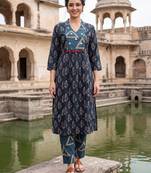 Navy blue printed cotton kurta trouser set