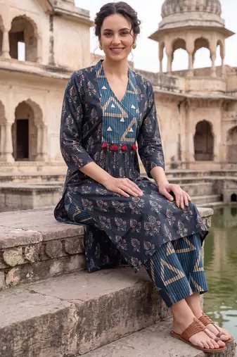 Navy blue printed cotton kurta trouser set
