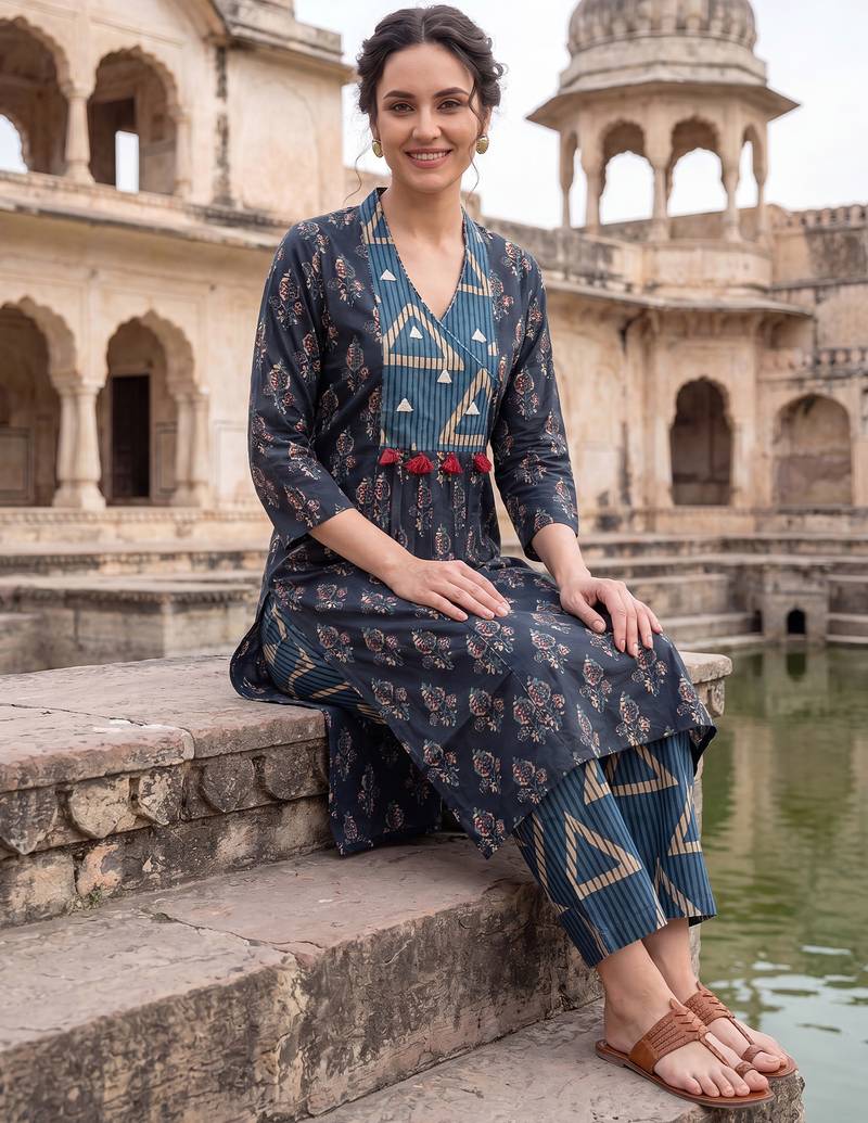 Navy blue printed cotton kurta trouser set