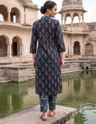 Navy blue printed cotton kurta trouser set 3