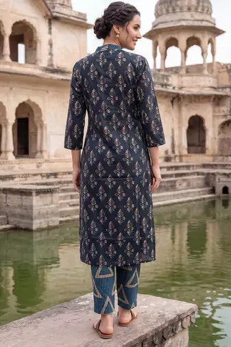 Navy blue printed cotton kurta trouser set