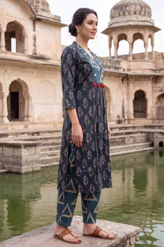 Navy blue printed cotton kurta trouser set