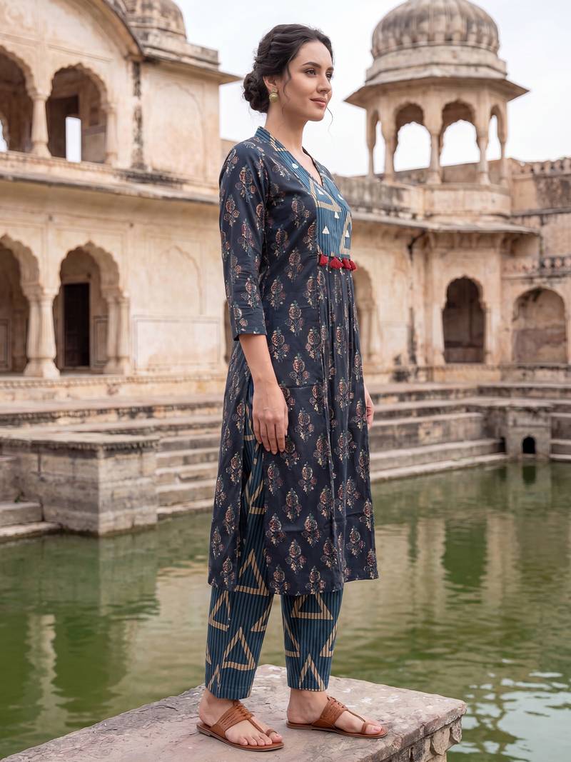 Navy blue printed cotton kurta trouser set