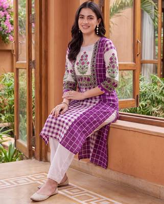 Purple printed cotton kurta trouser set 1