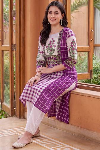 Purple printed cotton kurta trouser set