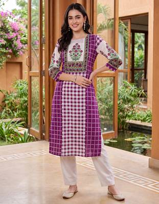 Purple printed cotton kurta trouser set 2