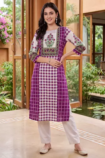 Purple printed cotton kurta trouser set