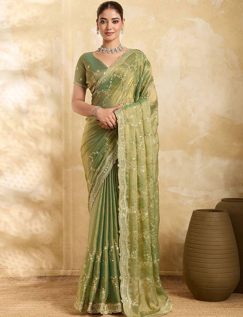 Lime embellished zari organza heavy work saree