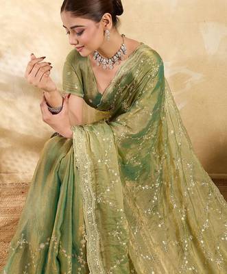 Lime embellished zari organza heavy work saree 2