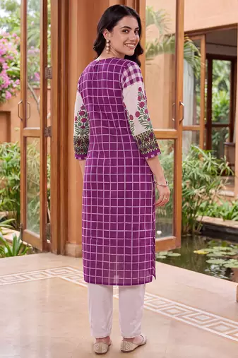 Purple printed cotton kurta trouser set