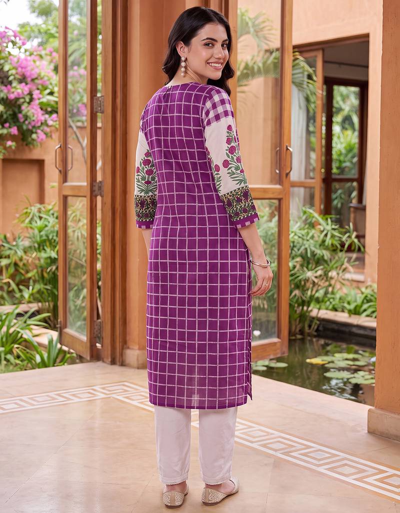 Purple printed cotton kurta trouser set