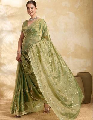 Lime embellished zari organza heavy work saree 3