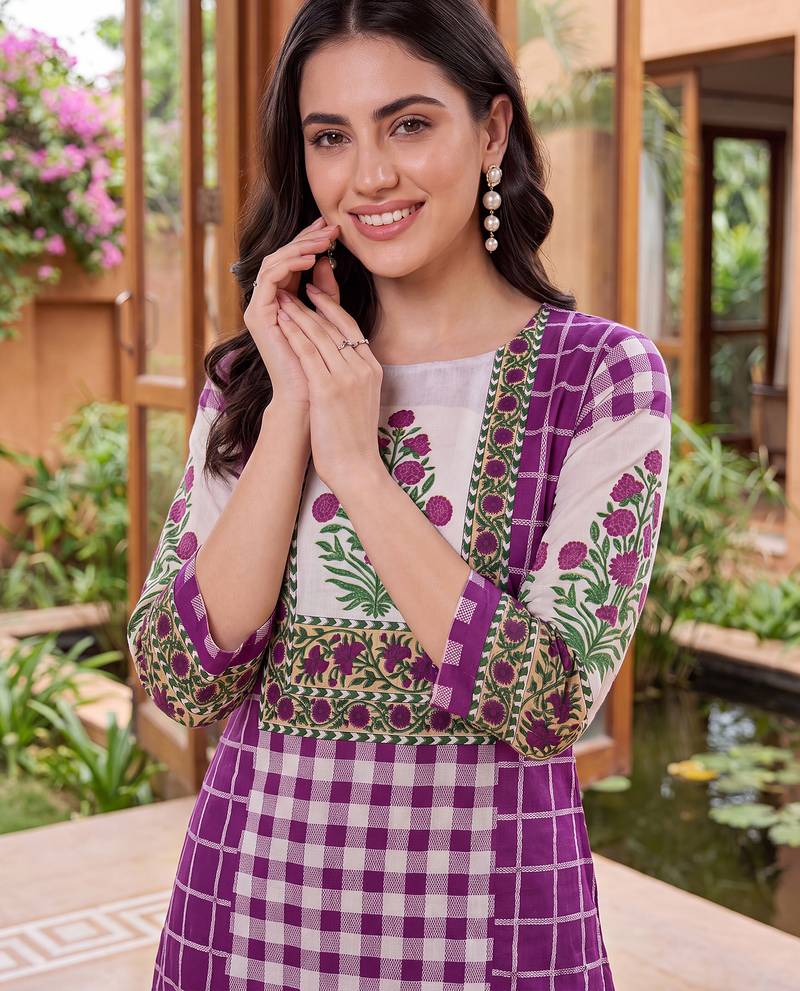 Purple printed cotton kurta trouser set