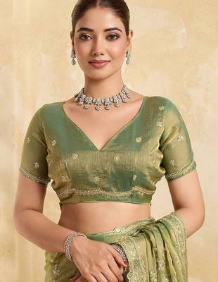 Lime embellished zari organza heavy work saree 5