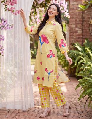 Yellow printed cotton kurta trouser set 2