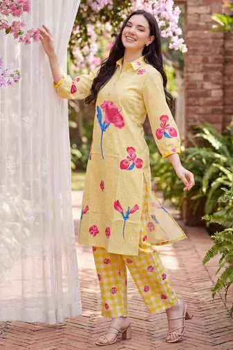 Yellow printed cotton kurta trouser set
