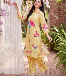 Yellow printed cotton kurta trouser set