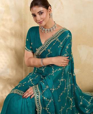 Teal embellished embroidered organza heavy work saree 2