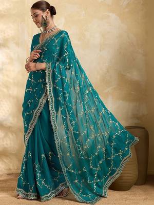 Teal embellished embroidered organza heavy work saree 3