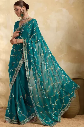 Teal embellished embroidered organza heavy work saree