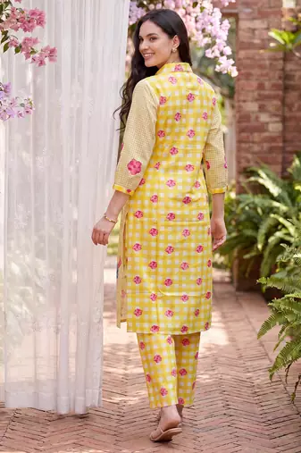 Yellow printed cotton kurta trouser set