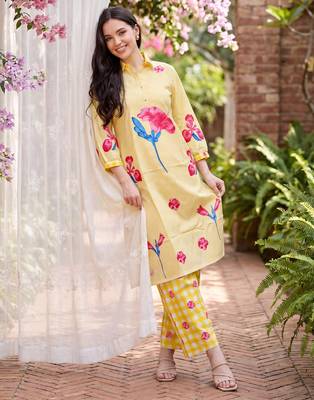 Yellow printed cotton kurta trouser set 1