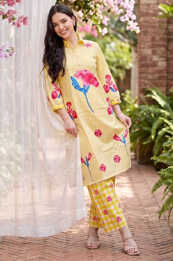 Yellow printed cotton kurta trouser set