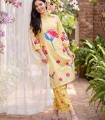 Yellow printed cotton kurta trouser set