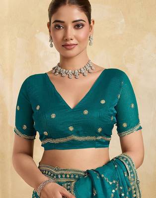Teal embellished embroidered organza heavy work saree 5