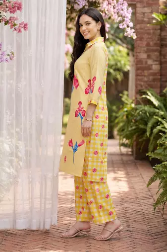 Yellow printed cotton kurta trouser set