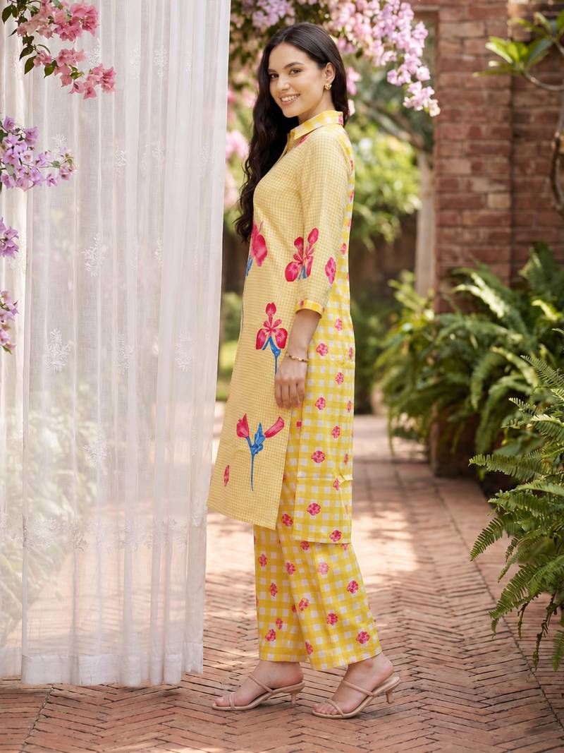 Yellow printed cotton kurta trouser set