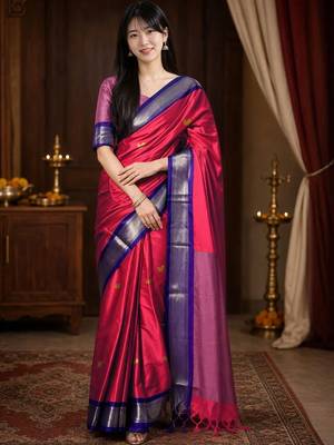Red woven design zari  cotton kanjeevaram saree 1