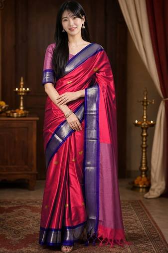 Red woven design zari  cotton kanjeevaram saree