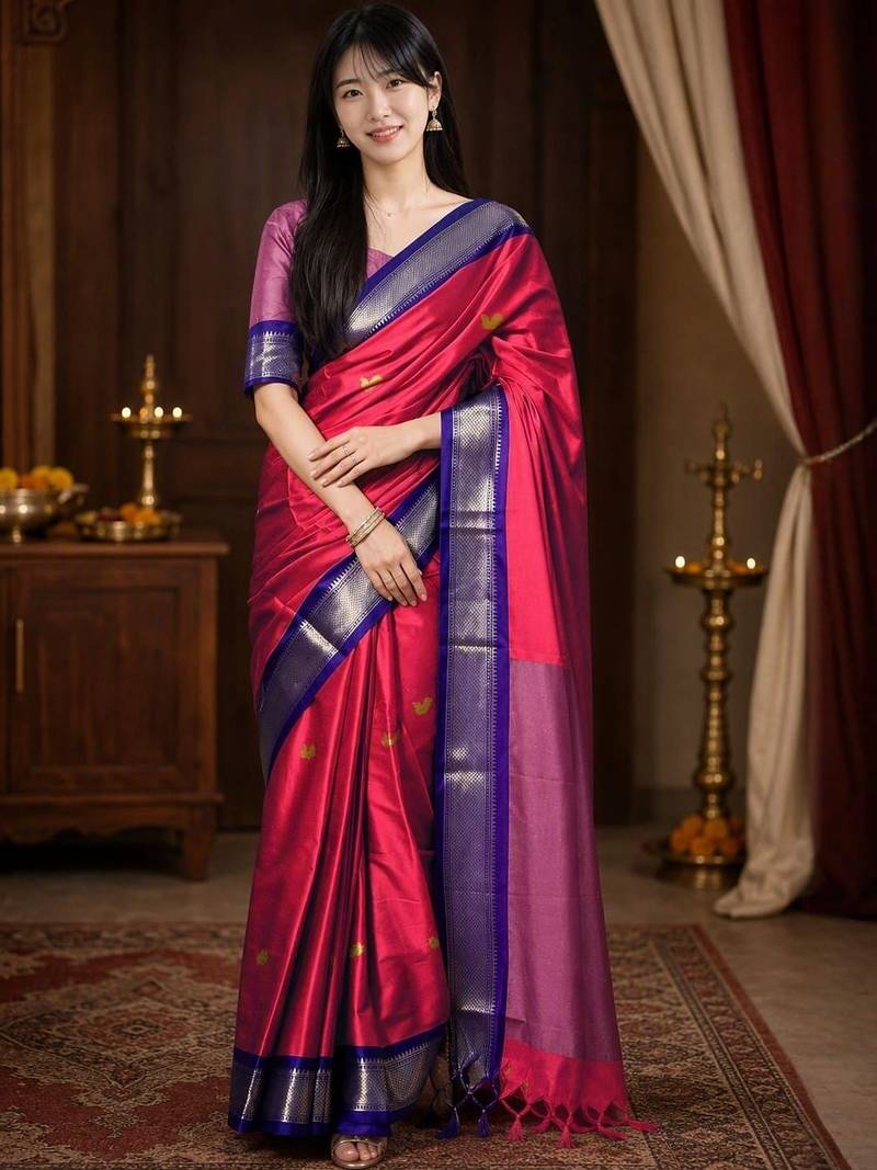 Red woven design zari  cotton kanjeevaram saree