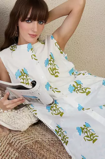 White printed cotton kurta trouser set