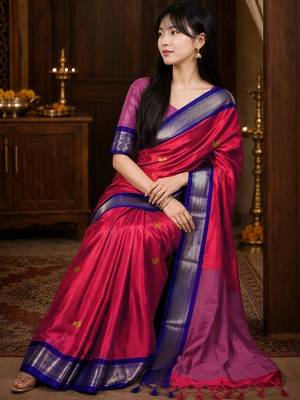 Red woven design zari  cotton kanjeevaram saree 4