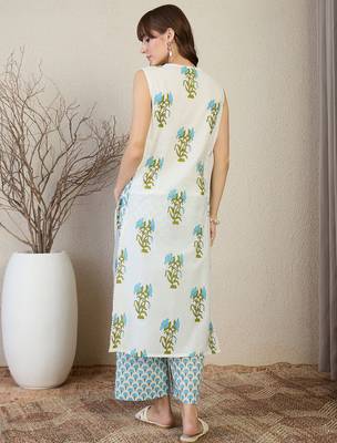 White printed cotton kurta trouser set 2