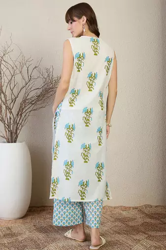 White printed cotton kurta trouser set